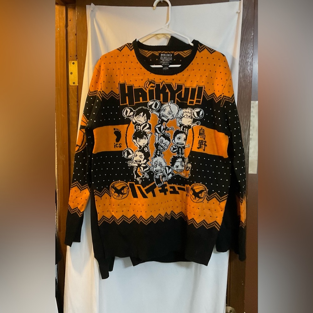 Haikyu by Box Lunch: orange and black volleyball sweater size large unisex warm.